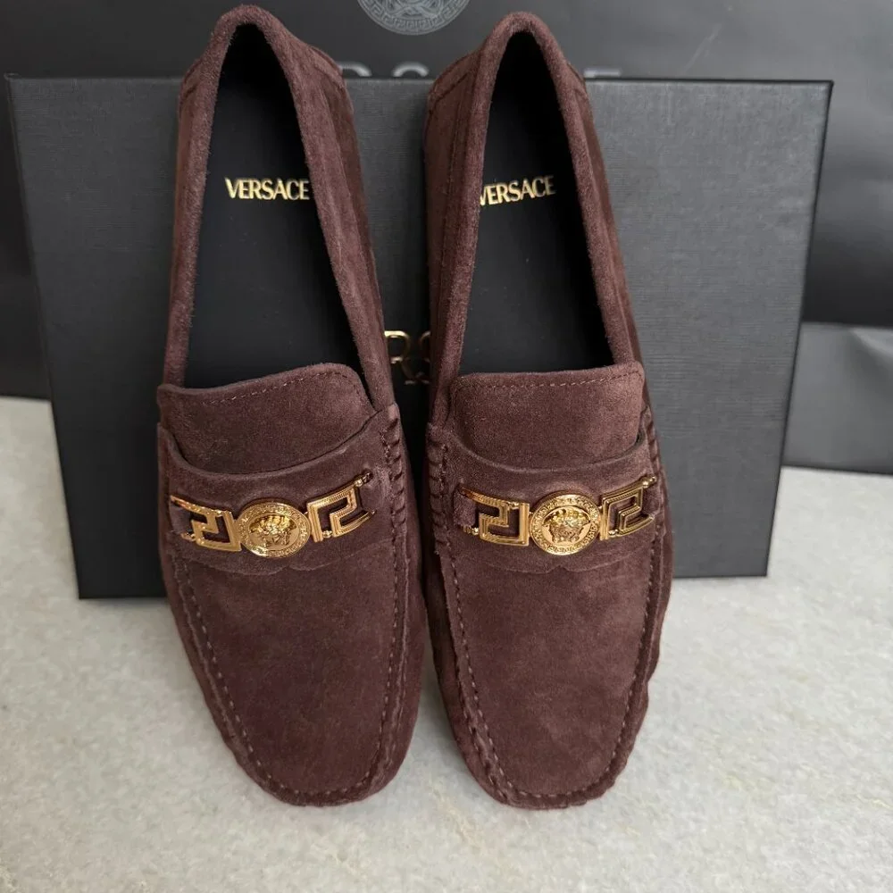 VERSACE 1009707 Medusa Men's Brown Suede Driver‎ Shoes, 40.5